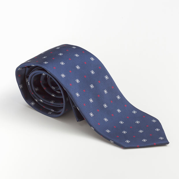 Navy Tie With Red and White Square Polka Dots